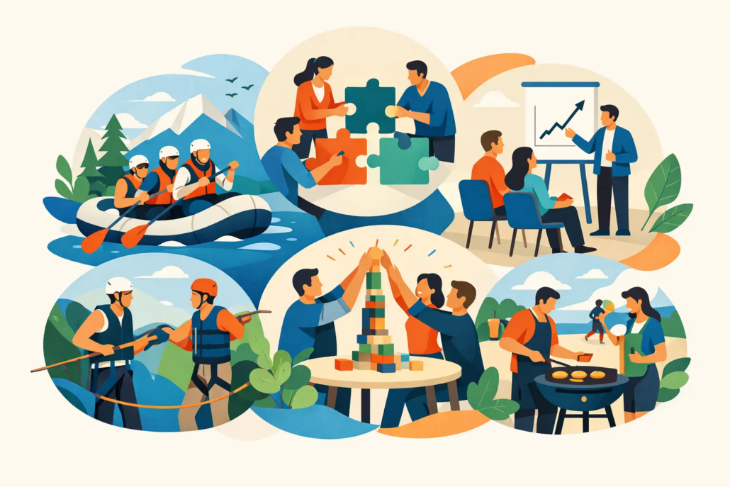 10-ideen-fuer-firmenevents Illustration mit verschiedenen Firmenevent-Ideen wie Rafting, Teambuilding, Workshop, Bogenschießen und Grillabend für gemeinsame Teamerlebnisse.