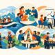 Illustration mit verschiedenen Firmenevent-Ideen wie Rafting, Teambuilding, Workshop, Bogenschießen und Grillabend für gemeinsame Teamerlebnisse.