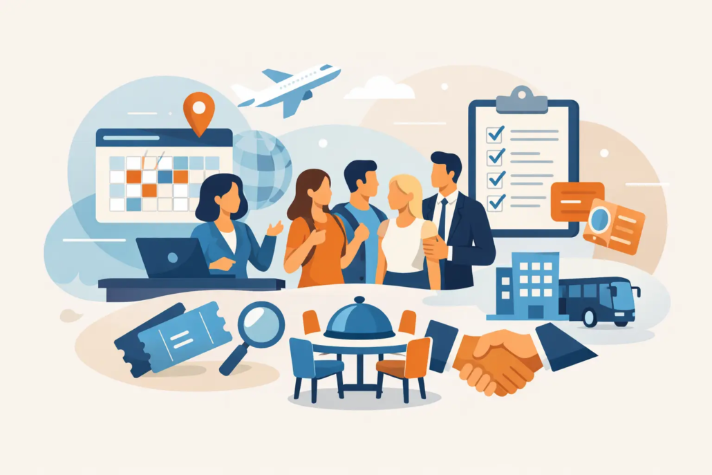 Illustration zum Thema Gruppenreservierung: Eine Gruppe plant gemeinsam einen Restaurantbesuch, während Symbole für Kalender, Checkliste, Tickets, Flugzeug, Bus und Reservierung den Organisationsprozess darstellen. Im Vordergrund symbolisieren ein gedeckter Tisch und ein Handschlag die erfolgreiche Planung und einen entspannten Gruppenabend.