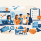 Illustration zum Thema Gruppenreservierung: Eine Gruppe plant gemeinsam einen Restaurantbesuch, während Symbole für Kalender, Checkliste, Tickets, Flugzeug, Bus und Reservierung den Organisationsprozess darstellen. Im Vordergrund symbolisieren ein gedeckter Tisch und ein Handschlag die erfolgreiche Planung und einen entspannten Gruppenabend.