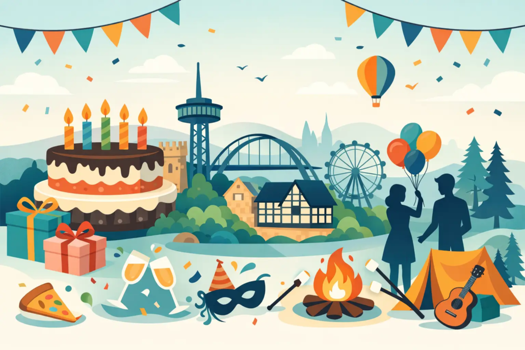 Illustration einer Geburtstagsfeier in Hagen mit großer Geburtstagstorte, Geschenken, Sektgläsern und bunter Dekoration. Im Hintergrund sind bekannte Wahrzeichen, ein Riesenrad und eine Brücke zu sehen. Zwei Personen feiern mit Luftballons neben einem Lagerfeuer und Zelt, während Konfetti durch die Luft fliegt. Die Szene vermittelt eine fröhliche Atmosphäre für Geburtstage, Feiern und besondere Anlässe in Hagen.