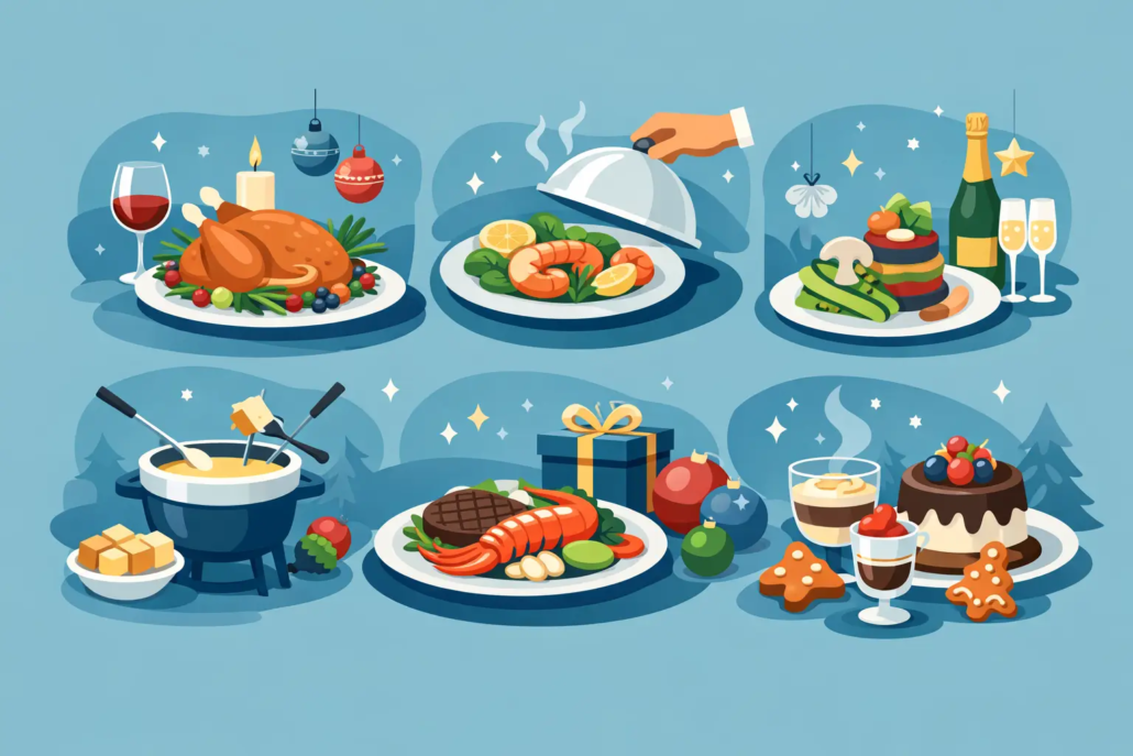 Illustration mit sechs Ideen für Weihnachtsfeier-Menüs: Braten, Fischgericht, vegetarisches Menü, Käsefondue, Steak mit Hummer sowie Dessert mit Kaffee und festlichen Getränken.
