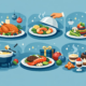 Illustration mit sechs Ideen für Weihnachtsfeier-Menüs: Braten, Fischgericht, vegetarisches Menü, Käsefondue, Steak mit Hummer sowie Dessert mit Kaffee und festlichen Getränken.