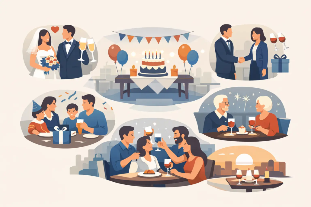 Illustration verschiedener Anlässe für Feiern im Restaurant: Hochzeit, Geburtstag, Geschäftsessen, Familienfeier, Jubiläum und Freundestreffen mit festlich gedeckten Tischen, Torte, Getränken und geselliger Atmosphäre.