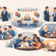 Illustration verschiedener Anlässe für Feiern im Restaurant: Hochzeit, Geburtstag, Geschäftsessen, Familienfeier, Jubiläum und Freundestreffen mit festlich gedeckten Tischen, Torte, Getränken und geselliger Atmosphäre.
