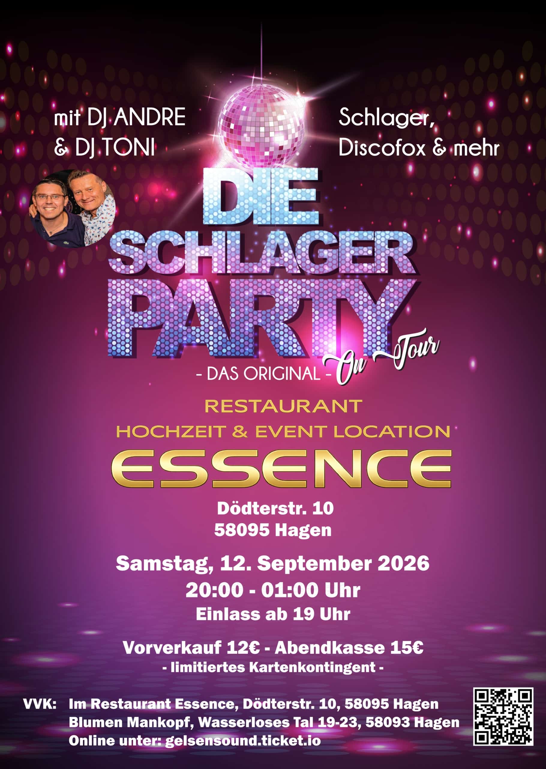 Plakat für die „Die Schlager Party – Das Original on Tour“ am 12. September 2026 im Restaurant Essence in Hagen mit DJ Andre und DJ Toni. Schlager, Discofox und mehr. Eintritt ab 12 €, Einlass 19 Uhr, Veranstaltungszeit 20–01 Uhr.