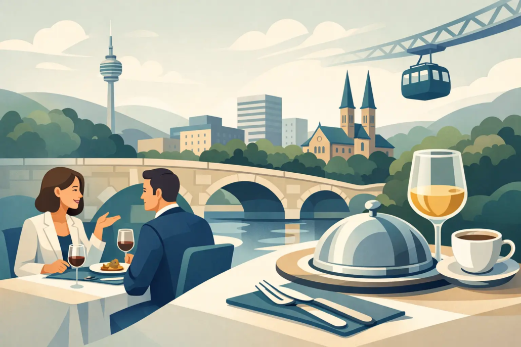 Geschäftsessen-in-Hagen-entspannt-planen Geschäftsessen in Hagen mit Blick auf die Stadt – Business-Dinner in stilvoller Restaurant-Atmosphäre mit gutem Essen, Wein und entspannter Gesprächsatmosphäre.