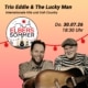 Trio Eddie & The Lucky Man: Veranstaltungsplakat zum Elbers Sommer 2026: Trio Eddie & The Lucky Man mit internationalen Hits und Irish Country am Donnerstag, 30. Juli 2026, um 18:30 Uhr. Zu sehen sind zwei Musiker hinter einer großen Akustikgitarre.