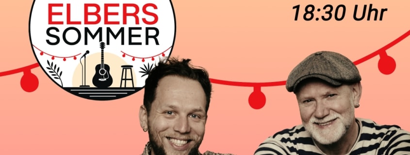 Trio Eddie & The Lucky Man: Veranstaltungsplakat zum Elbers Sommer 2026: Trio Eddie & The Lucky Man mit internationalen Hits und Irish Country am Donnerstag, 30. Juli 2026, um 18:30 Uhr. Zu sehen sind zwei Musiker hinter einer großen Akustikgitarre.