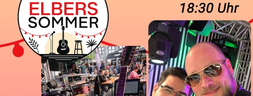 Duo Gregorio & Mattheo: Veranstaltungsplakat zum Elbers Sommer 2026: Duo Gregorio & Mattheo mit sommerlichen Hits und italienischem Flair am Donnerstag, 6. August 2026, um 18:30 Uhr. Das Plakat zeigt die beiden Musiker sowie eine Akustikgitarre und Bühnenequipment.