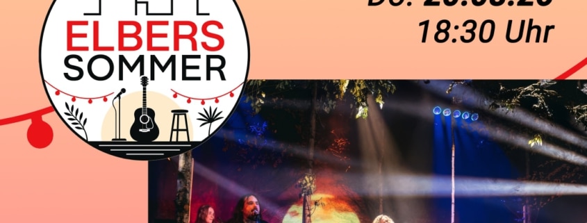 SIIRI: Veranstaltungsplakat zum Elbers Sommer 2026: SIIRI, angekündigt mit einer der besten Country-Rock-Stimmen Deutschlands, am Donnerstag, 20. August 2026, um 18:30 Uhr. Zu sehen ist die Band bei einem stimmungsvoll beleuchteten Live-Auftritt auf der Bühne.