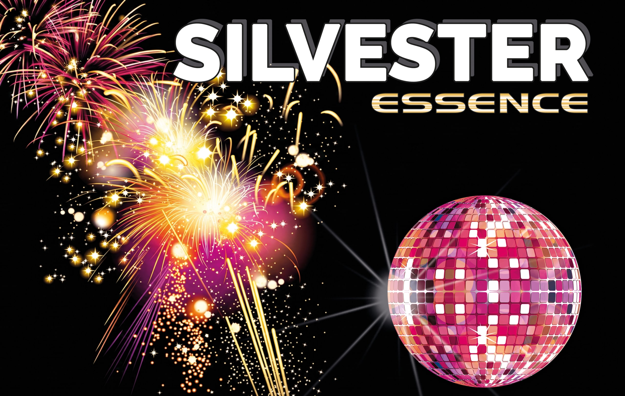 Silvesterparty im Essence - Bild mit Feuerwerk und Logo "Restaurant Essence"