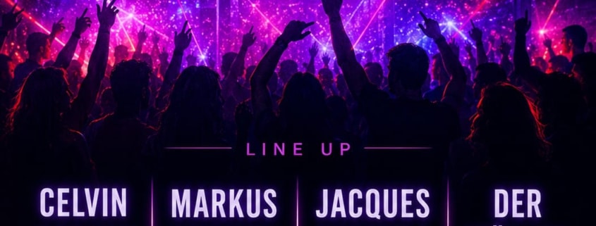 Werbeplakat für die Techno-Veranstaltung „ULTRA VIOLET“. Im Hintergrund ist eine große Menschenmenge auf einer Party mit erhobenen Händen zu sehen, umgeben von violettem und pinkem Laserlicht sowie einer intensiven Clubatmosphäre. Oben steht in großen, leuchtend violetten Neonbuchstaben „ULTRA VIOLET“, darunter der Slogan: „THE NIGHT. THE VIBES. THE ENERGY.“. Im mittleren Bereich folgt das Line-up mit den Künstlern Celvin Rotane, Markus Boehme, Jacques Deterra und Der Müller. Darunter stehen das Veranstaltungsdatum 19.09.26 und die Uhrzeit ab 21:30 Uhr. Im unteren Bereich befindet sich das Logo des Restaurant ESSENCE Hagen sowie der Hinweis „15 Euro Eintritt“. Das Design ist in kräftigen Neonfarben gehalten und vermittelt eine energiegeladene Techno- und Clubnacht.