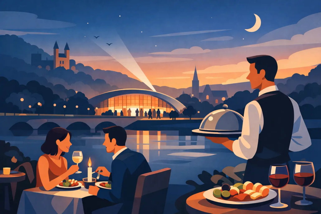 Illustration eines romantischen Abendessens vor einer Veranstaltung in Hagen: Ein Paar speist am Wasser bei Kerzenschein, während im Hintergrund eine beleuchtete Eventlocation Gäste empfängt. Ein Kellner serviert Speisen und Getränke.