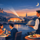 Illustration eines romantischen Abendessens vor einer Veranstaltung in Hagen: Ein Paar speist am Wasser bei Kerzenschein, während im Hintergrund eine beleuchtete Eventlocation Gäste empfängt. Ein Kellner serviert Speisen und Getränke.
