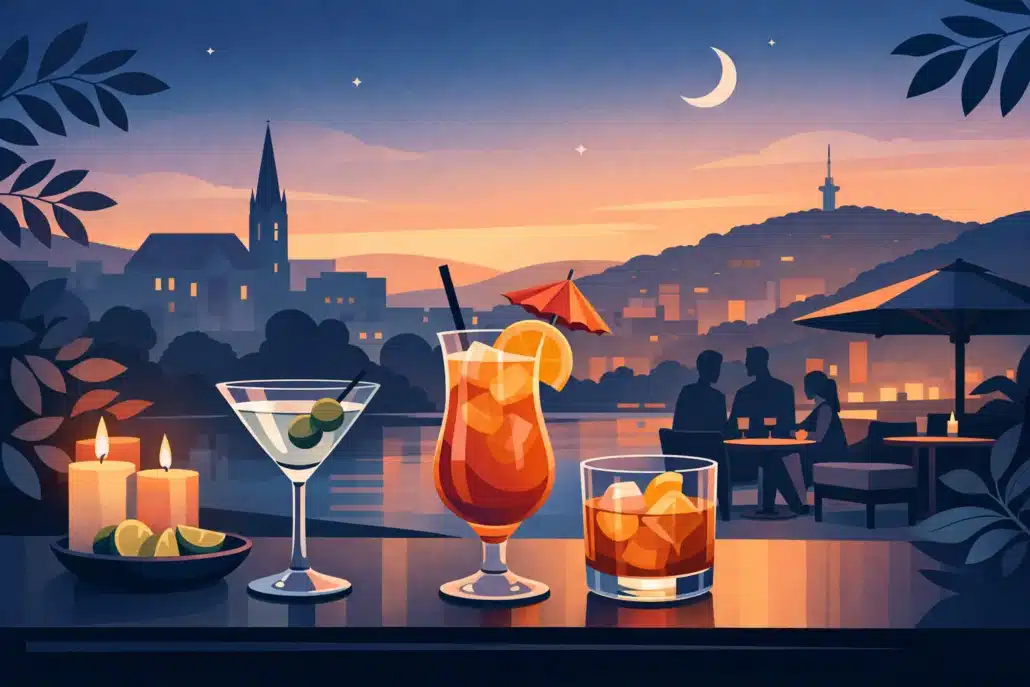 Cocktails in einer stilvollen Abendlocation in Hagen bei Sonnenuntergang – gemütliche Bar-Atmosphäre für Drinks, Dinner und gesellige Abende mit Blick auf die Stadt.