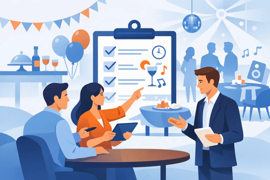 Personen planen gemeinsam eine Firmenfeier anhand einer Checkliste, während im Hintergrund eine stilvolle Eventlocation mit Bar, Musik, Cocktails und feierlicher Atmosphäre zu sehen ist.