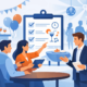 Personen planen gemeinsam eine Firmenfeier anhand einer Checkliste, während im Hintergrund eine stilvolle Eventlocation mit Bar, Musik, Cocktails und feierlicher Atmosphäre zu sehen ist.