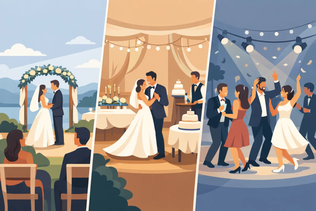 ablauf-einer-hochzeitsfeier-location Illustration eines typischen Ablaufs einer Hochzeitsfeier: links die Trauung im Freien, in der Mitte der Hochzeitstanz und das Anschneiden der Torte, rechts die ausgelassene Feier mit tanzenden Gästen auf der Party.