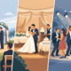 Illustration eines typischen Ablaufs einer Hochzeitsfeier: links die Trauung im Freien, in der Mitte der Hochzeitstanz und das Anschneiden der Torte, rechts die ausgelassene Feier mit tanzenden Gästen auf der Party.