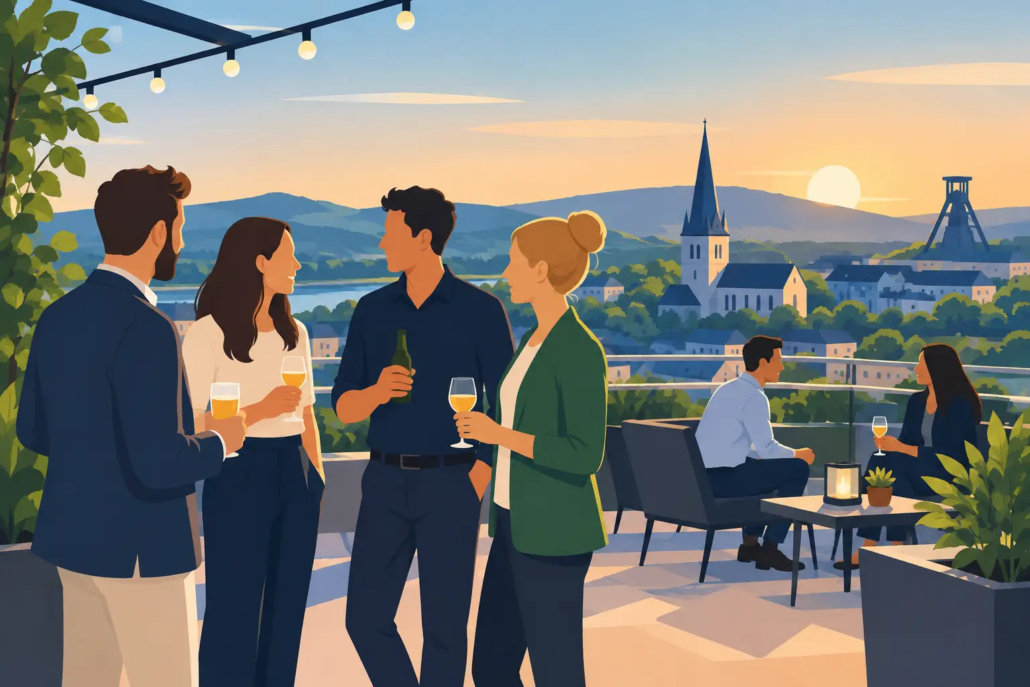 afterwork-kultur-hagen Afterwork in Hagen: Freunde genießen Drinks auf einer Terrasse mit Stadtblick bei Sonnenuntergang.