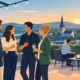 Afterwork in Hagen: Freunde genießen Drinks auf einer Terrasse mit Stadtblick bei Sonnenuntergang.
