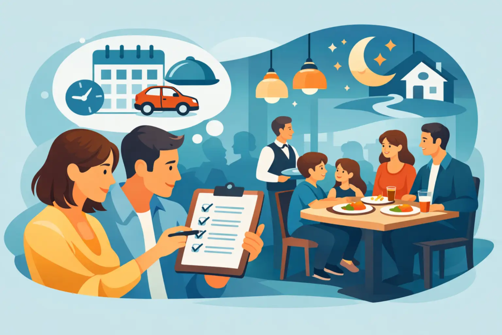 Illustration eines entspannten Familienabends im Restaurant mit gemeinsamem Essen, Service und Planung von Termin und Anreise.
