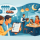 Illustration eines entspannten Familienabends im Restaurant mit gemeinsamem Essen, Service und Planung von Termin und Anreise.