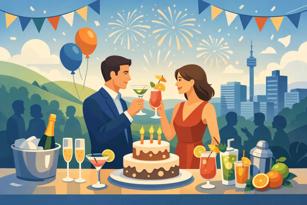 beispiel-jubilaeumsfeier-mit-cocktails-hagen Illustration einer Jubiläumsfeier in Hagen mit Geburtstagstorte, Cocktails, Sekt, Feuerwerk und einem Paar beim gemeinsamen Anstoßen.