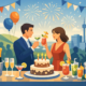 Illustration einer Jubiläumsfeier in Hagen mit Geburtstagstorte, Cocktails, Sekt, Feuerwerk und einem Paar beim gemeinsamen Anstoßen.