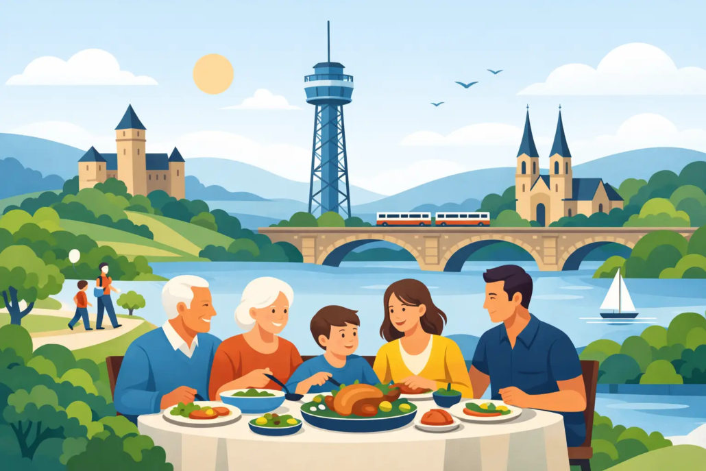 beste-anlaesse-fuer-familienessen-hagen Illustration eines Familienessens in Hagen mit mehreren Generationen an einem gedeckten Tisch vor einer idyllischen Stadtkulisse.