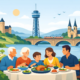 Illustration eines Familienessens in Hagen mit mehreren Generationen an einem gedeckten Tisch vor einer idyllischen Stadtkulisse.