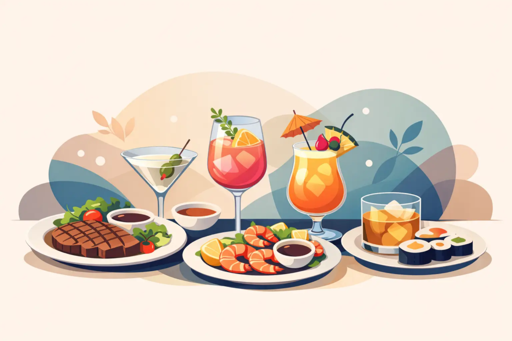 beste-cocktailbegleitungen-zum-essen-1 Illustration verschiedener Cocktails mit Sushi, Steak, Garnelen und Käse als passende Cocktailbegleitungen zum Essen.