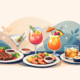 Illustration verschiedener Cocktails mit Sushi, Steak, Garnelen und Käse als passende Cocktailbegleitungen zum Essen.