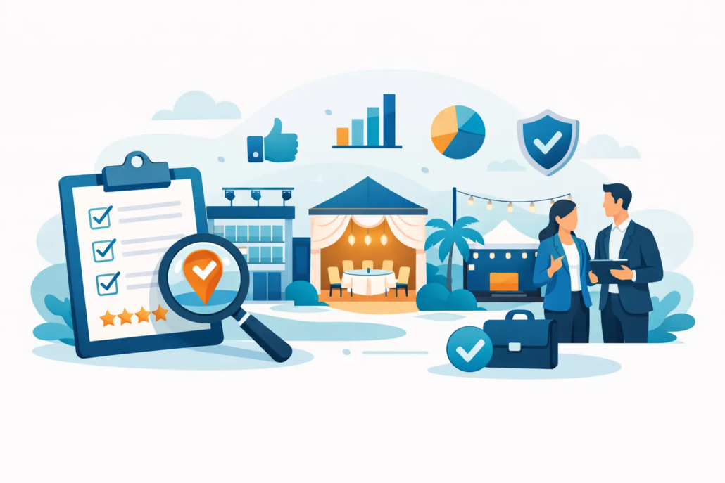 bewertungskriterien-fuer-eventlocations Illustration zur Bewertung von Eventlocations mit Checkliste, Lupe, Bewertungssymbolen und Veranstaltungsräumen für die professionelle Location-Auswahl.