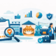 Illustration zur Bewertung von Eventlocations mit Checkliste, Lupe, Bewertungssymbolen und Veranstaltungsräumen für die professionelle Location-Auswahl.