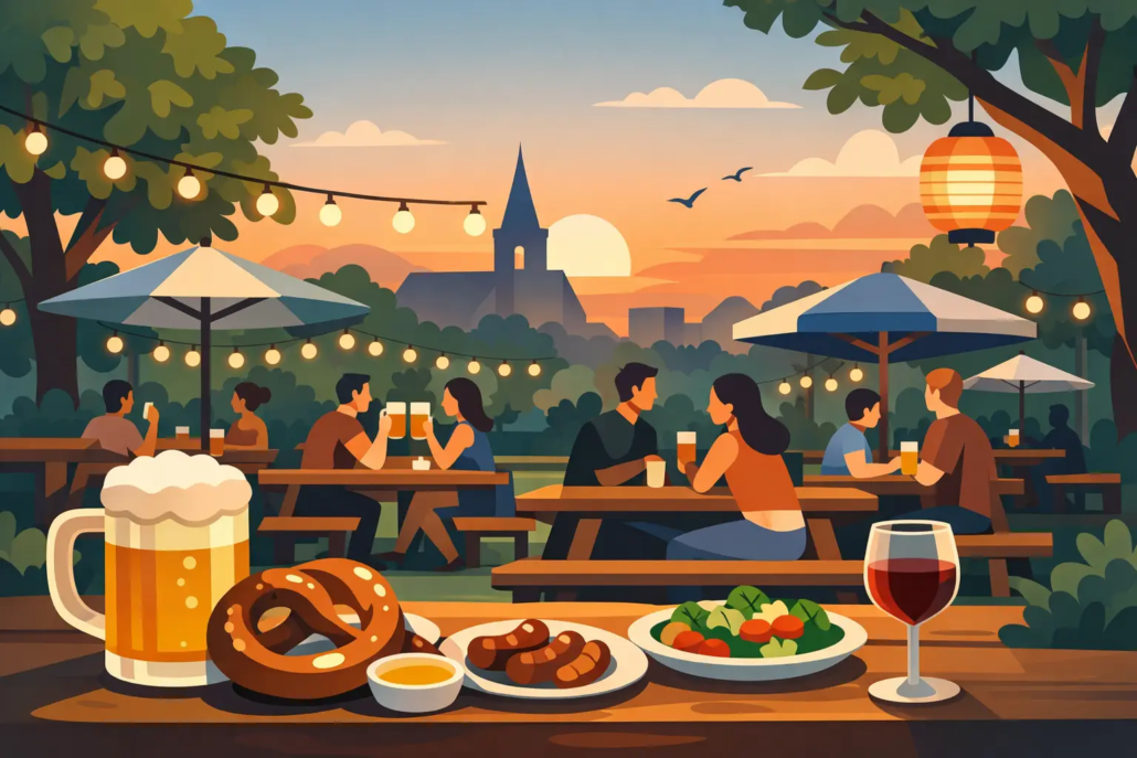 Gemütlicher Biergarten in Hagen bei Sonnenuntergang mit beleuchteten Lichterketten, Holzbänken und entspannt zusammensitzenden Gästen. Auf dem Tisch im Vordergrund stehen ein Bierkrug, eine Brezel, Würstchen, Salat und ein Glas Rotwein. Im Hintergrund sind Bäume, Sonnenschirme und die Silhouette einer Kirche vor einem warmen Abendhimmel zu sehen. Die Szene vermittelt eine gesellige Atmosphäre für Essen, Getränke und gemeinsame Abende im Freien.