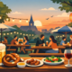 Gemütlicher Biergarten in Hagen bei Sonnenuntergang mit beleuchteten Lichterketten, Holzbänken und entspannt zusammensitzenden Gästen. Auf dem Tisch im Vordergrund stehen ein Bierkrug, eine Brezel, Würstchen, Salat und ein Glas Rotwein. Im Hintergrund sind Bäume, Sonnenschirme und die Silhouette einer Kirche vor einem warmen Abendhimmel zu sehen. Die Szene vermittelt eine gesellige Atmosphäre für Essen, Getränke und gemeinsame Abende im Freien.