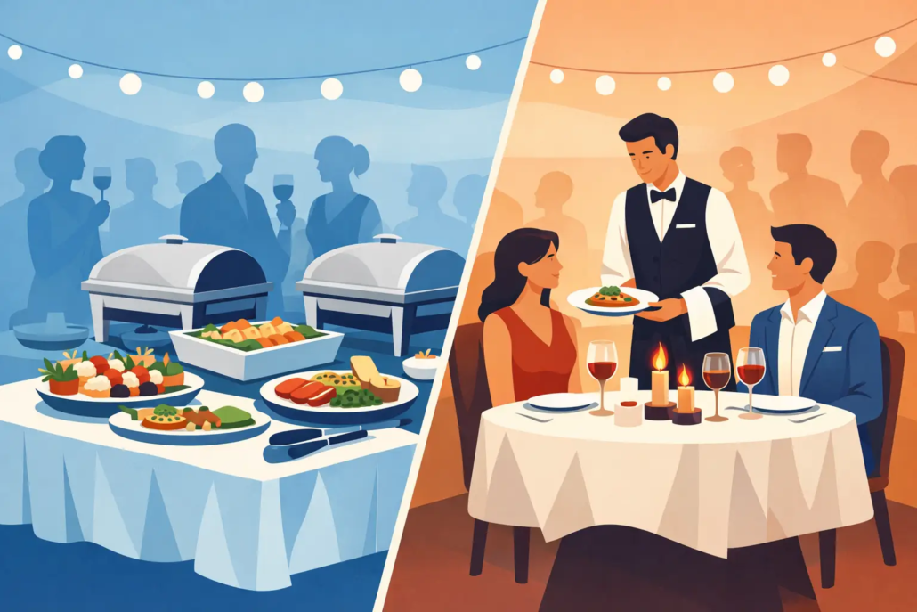 buffet-oder-a-la-carte-feier Vergleich zwischen Buffet und À-la-carte-Service bei einer Feier – links festliches Buffet mit Speisenauswahl, rechts elegantes Dinner mit Service am Tisch und Gästen in stilvoller Atmosphäre.