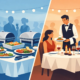 Vergleich zwischen Buffet und À-la-carte-Service bei einer Feier – links festliches Buffet mit Speisenauswahl, rechts elegantes Dinner mit Service am Tisch und Gästen in stilvoller Atmosphäre.