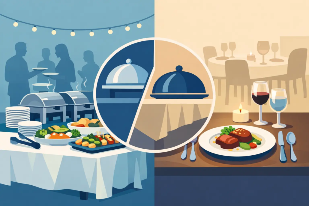 Illustration zum Vergleich von Buffet und gesetztem Menü mit festlich gedeckten Tischen, warmen Speisen, Getränken und Servierhauben – Gegenüberstellung zweier Catering- und Restaurantkonzepte für Veranstaltungen.