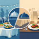 Illustration zum Vergleich von Buffet und gesetztem Menü mit festlich gedeckten Tischen, warmen Speisen, Getränken und Servierhauben – Gegenüberstellung zweier Catering- und Restaurantkonzepte für Veranstaltungen.