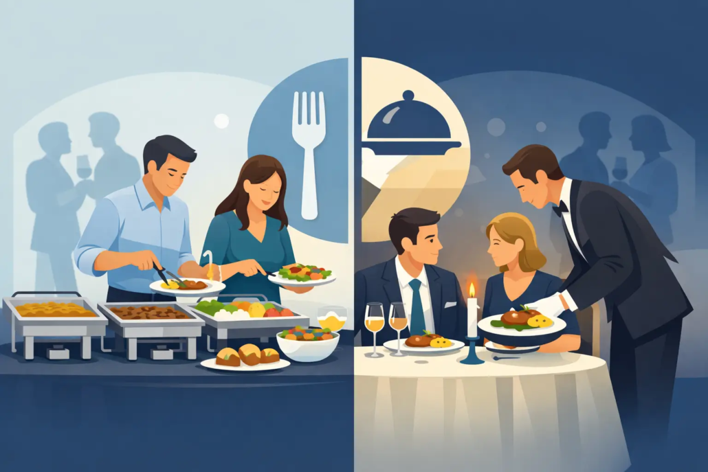 Illustration zum Vergleich von Buffet und Menü bei einer Firmenfeier: Links bedienen sich Gäste an einem Buffet mit verschiedenen Speisen, rechts serviert ein Kellner ein gesetztes Menü an einem festlich gedeckten Tisch. Die Grafik verdeutlicht die Entscheidung zwischen Buffet und Menü für Firmenveranstaltungen.
