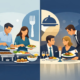 Illustration zum Vergleich von Buffet und Menü bei einer Firmenfeier: Links bedienen sich Gäste an einem Buffet mit verschiedenen Speisen, rechts serviert ein Kellner ein gesetztes Menü an einem festlich gedeckten Tisch. Die Grafik verdeutlicht die Entscheidung zwischen Buffet und Menü für Firmenveranstaltungen.