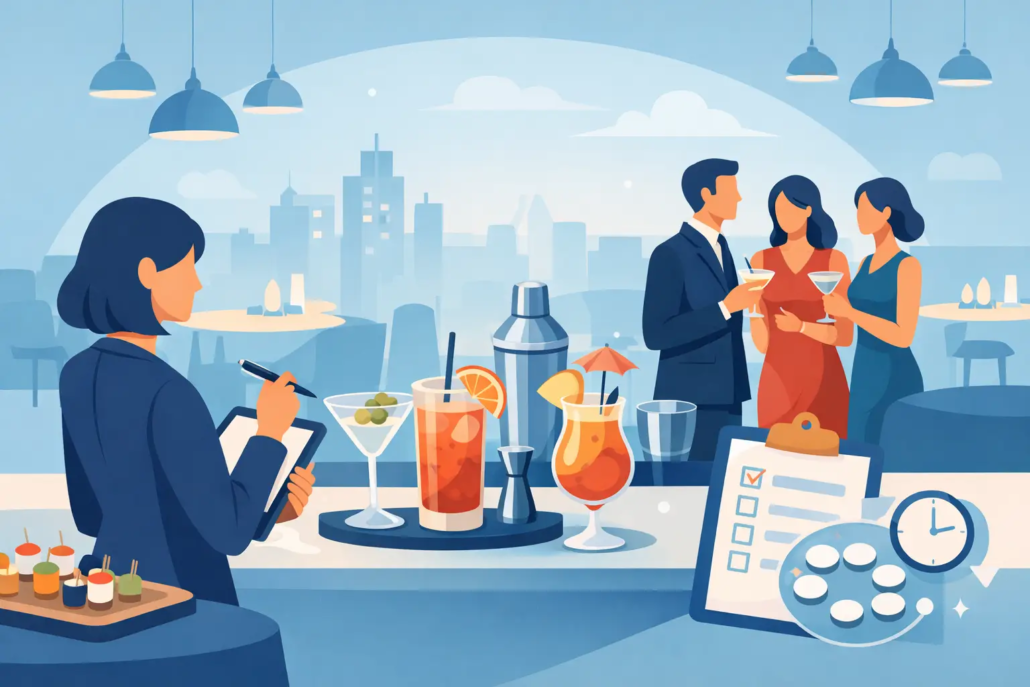 cocktailabend-im-restaurant-organisieren Illustration eines organisierten Cocktailabends im Restaurant mit Barkeeper, verschiedenen Cocktails, Gästen im Gespräch sowie Checkliste und Uhr als Symbole für die Planung einer gelungenen Veranstaltung.
