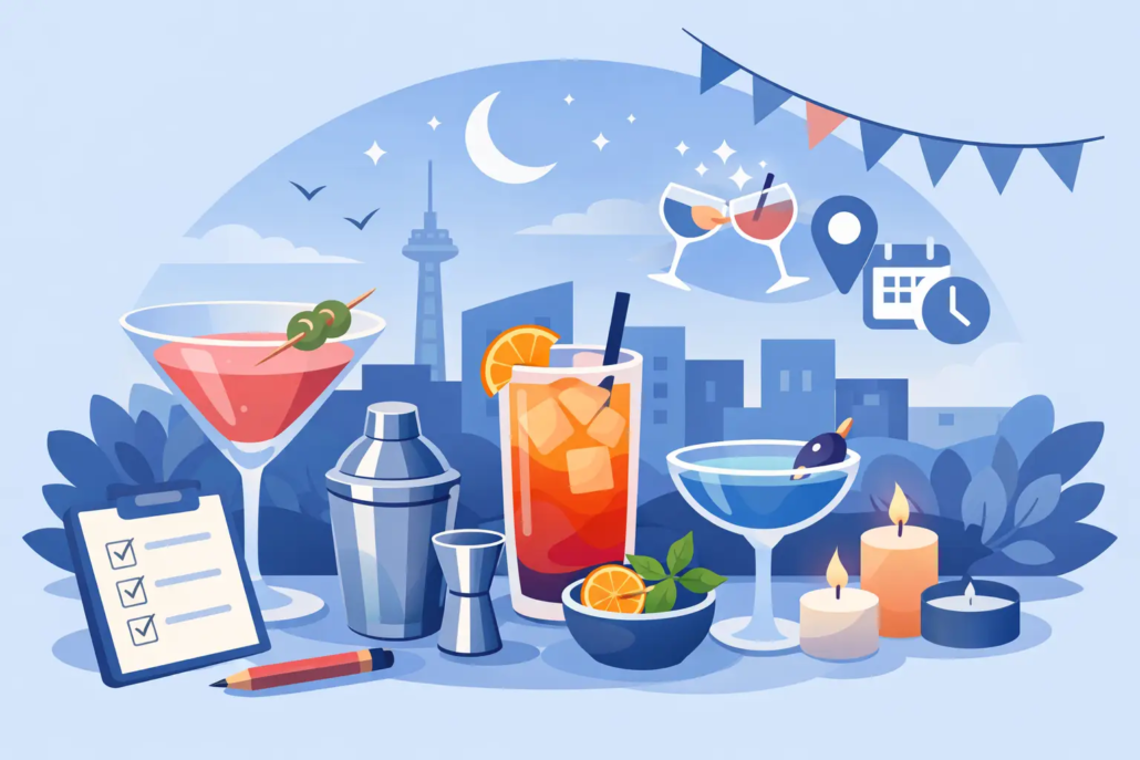 Moderne Illustration für die Planung eines Cocktailabends: Verschiedene Cocktails, Shaker, Messbecher und Kerzen stehen vor einer nächtlichen Stadtkulisse. Ergänzt wird die Szene durch eine Checkliste, Wimpelgirlande sowie Symbole für Termin, Ort und geselliges Anstoßen – passend zum Thema Cocktailabend organisieren.