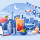 Moderne Illustration für die Planung eines Cocktailabends: Verschiedene Cocktails, Shaker, Messbecher und Kerzen stehen vor einer nächtlichen Stadtkulisse. Ergänzt wird die Szene durch eine Checkliste, Wimpelgirlande sowie Symbole für Termin, Ort und geselliges Anstoßen – passend zum Thema Cocktailabend organisieren.