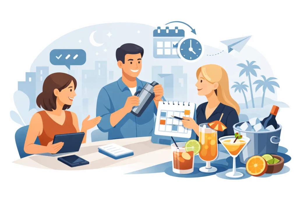 Illustration einer Gruppe bei der Planung eines Cocktailabends mit Kalender, Getränken und Terminorganisation – Freunde stimmen gemeinsam Datum, Ablauf und Cocktails für einen gelungenen Abend ab.