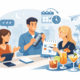 Illustration einer Gruppe bei der Planung eines Cocktailabends mit Kalender, Getränken und Terminorganisation – Freunde stimmen gemeinsam Datum, Ablauf und Cocktails für einen gelungenen Abend ab.