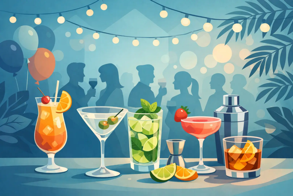 cocktailauswahl-fuer-die-feier-treffen Illustration einer Feier mit Gästen an einer Cocktailbar, verschiedenen Cocktails, Cocktailshaker, Luftballons und stimmungsvoller Beleuchtung.